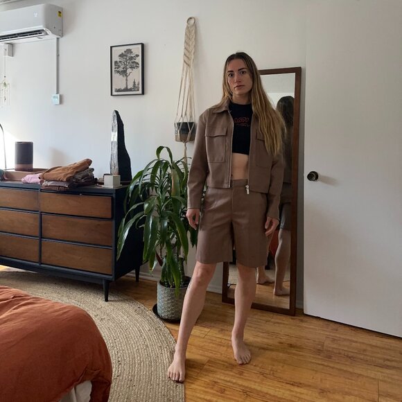 Tan Faux, Vegan Leather 2 Piece Set - Moto Jacket and Shorts - Picture 1 of 2